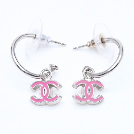 Chanel CC Logo Hoop Earrings 04P Stamp Metal Silver Pink