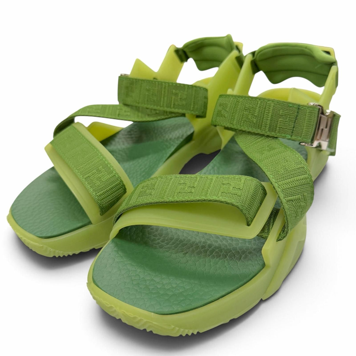 Fendi Leather Rubber Multi Strap Sandals Green Silver 7