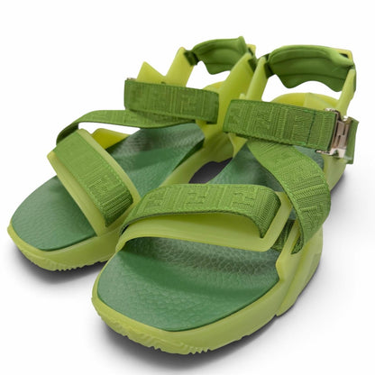Fendi Leather Rubber Multi Strap Sandals Green Silver 7
