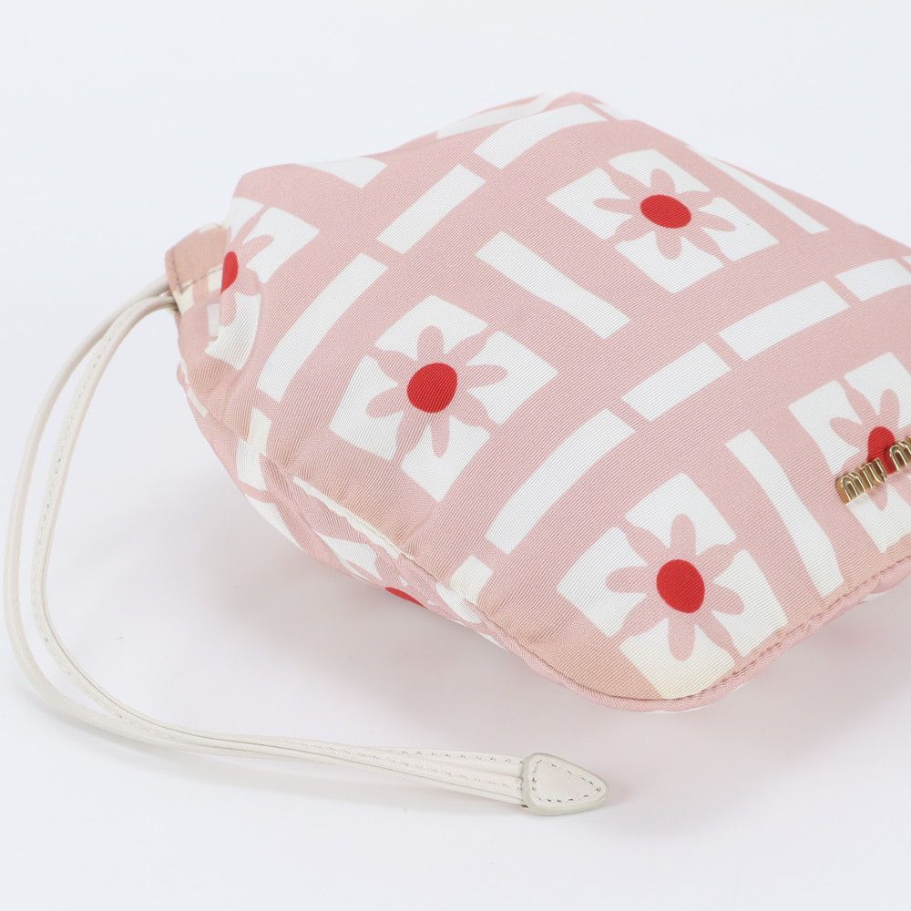 Miu Miu Floral Drawstring Leather Nylon Pouch Pink — view 4