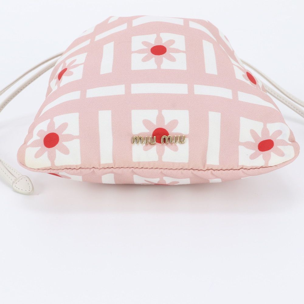 Miu Miu Floral Drawstring Leather Nylon Pouch Pink — view 5