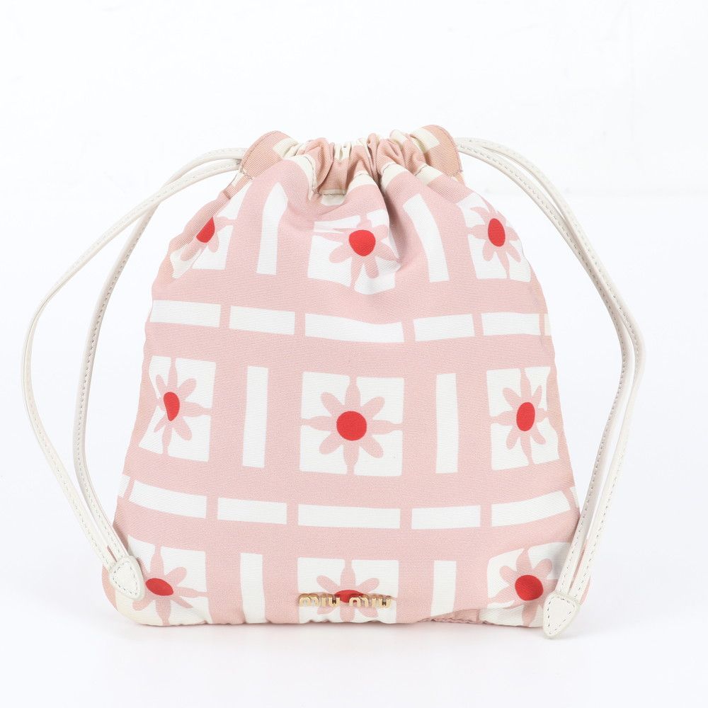 Miu Miu Floral Drawstring Leather Nylon Pouch Pink