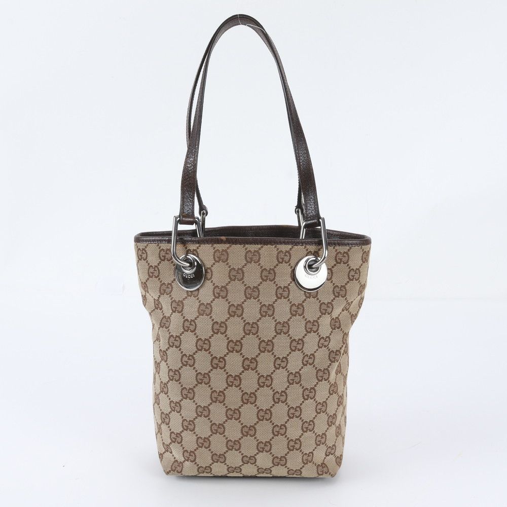 Gucci GG Canvas Leather Tote Bag Shoulder Hand Brown