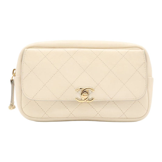 Chanel Quilted CC Logo Waist Bag Pouch Chain Belt Leather Light Beige Gold