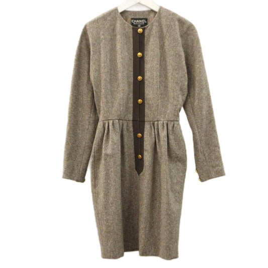 Chanel Vintage Archive Dress Tweed Gold Button Brown Wool Long Sleeve 36