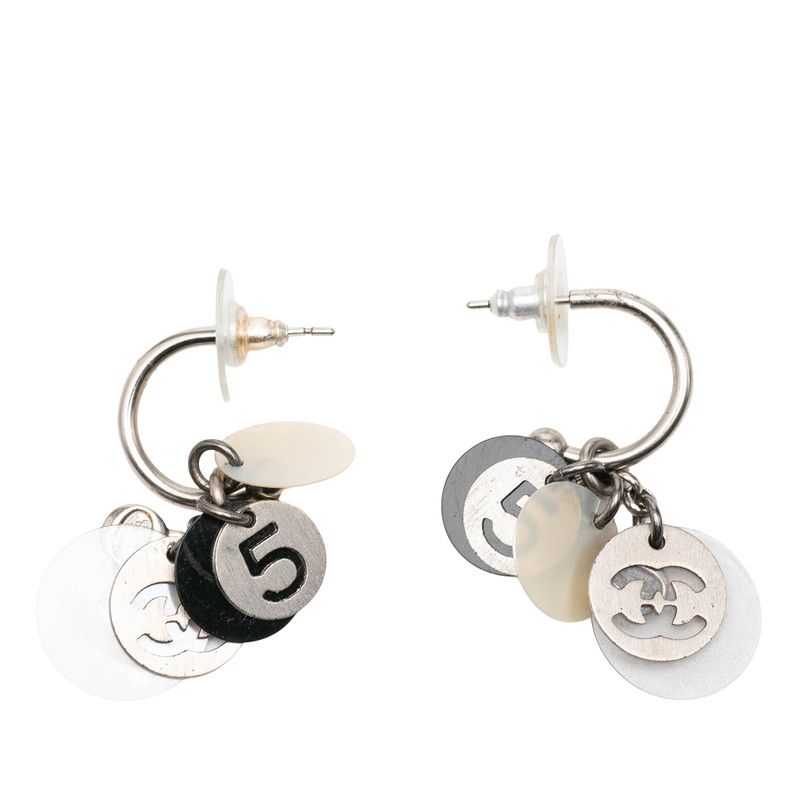 Chanel CC Logo No 5 Earrings Silver Black Metal