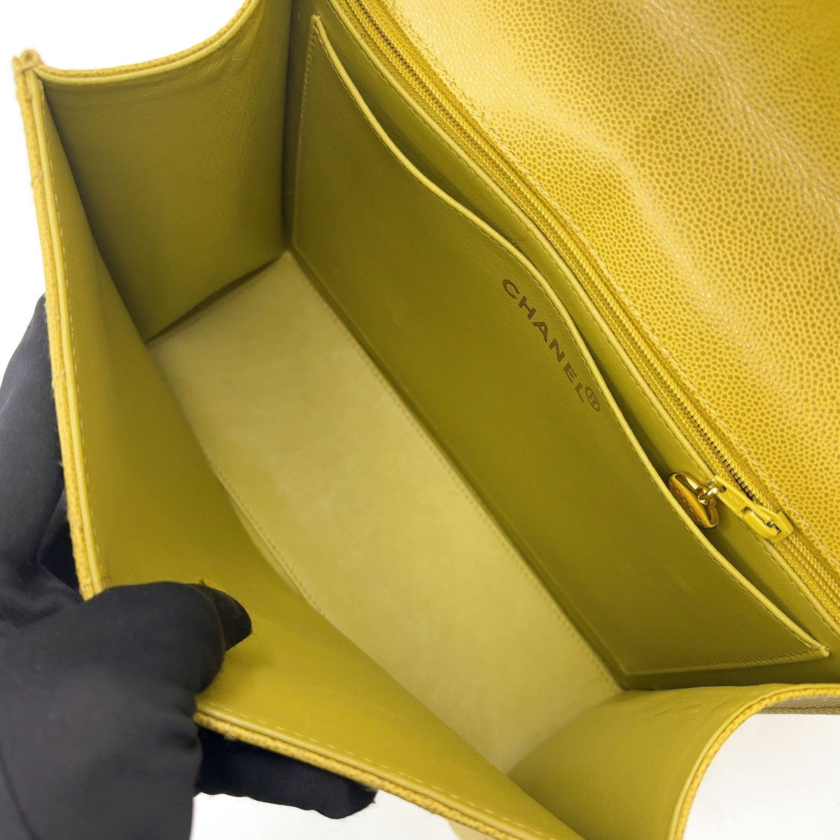 Chanel Quilted Caviar Leather Yellow Green Handbag Gold — view 3
