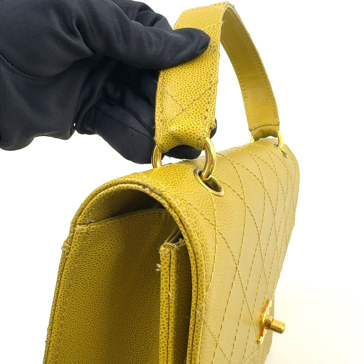 Chanel Quilted Caviar Leather Yellow Green Handbag Gold — view 6