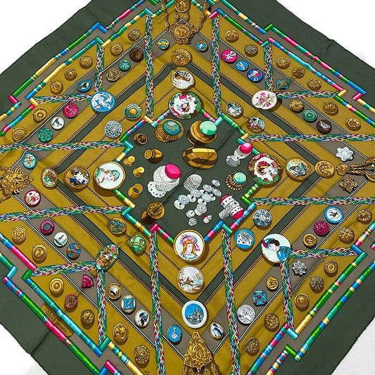 Hermes Scarf Carre 90 Gold Dark Green Multi Petite