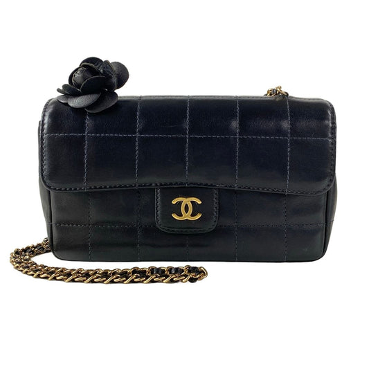 Chanel Shoulder Bag Choco Bar Camellia Black Chain Lambskin