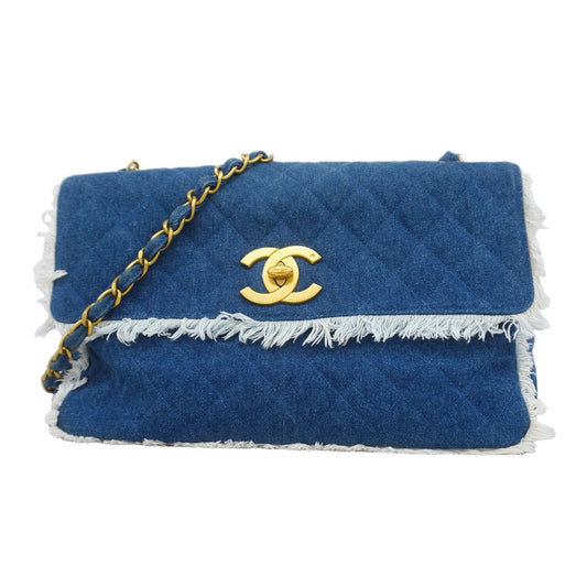 Chanel Shoulder Bag Maxi Quilted Denim Blue Gold