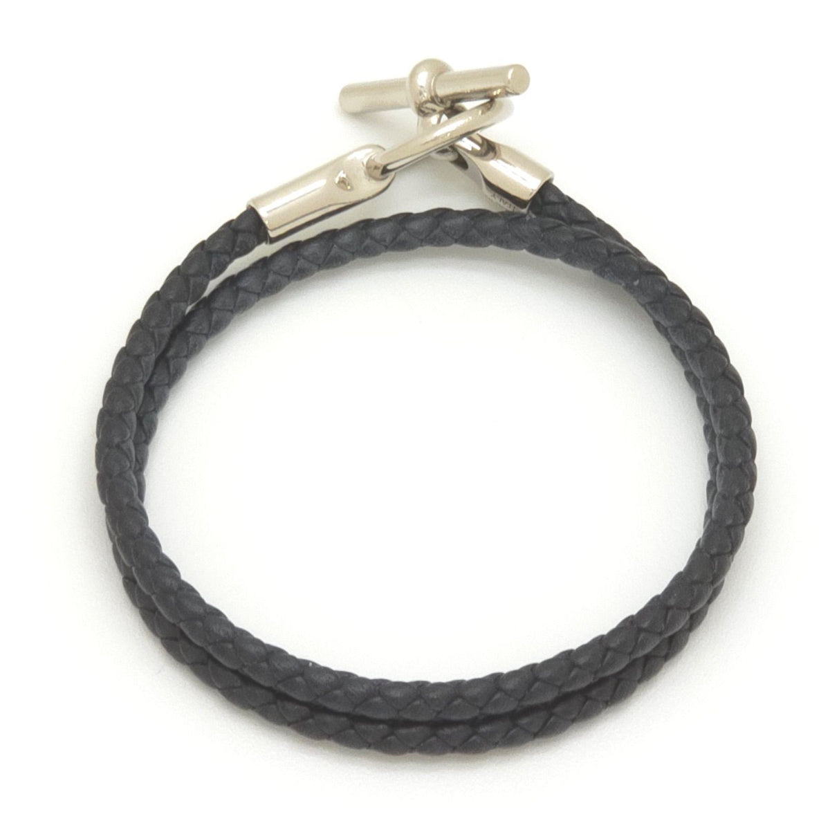Hermes Leather Bracelet Glenan Double Tour Arm Area Braided Noir Black — view 5