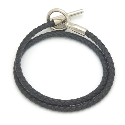 Hermes Leather Bracelet Glenan Double Tour Arm Area Braided Noir Black — view 6