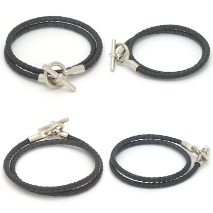 Hermes Leather Bracelet Glenan Double Tour Arm Area Braided Noir Black — view 2