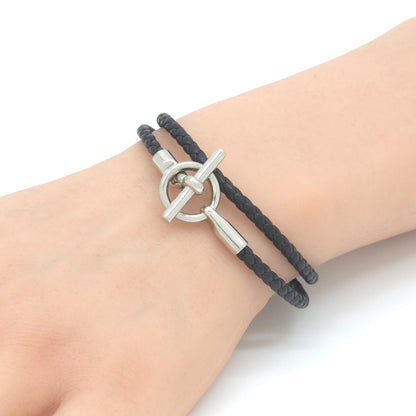 Hermes Leather Bracelet Glenan Double Tour Arm Area Braided Noir Black
