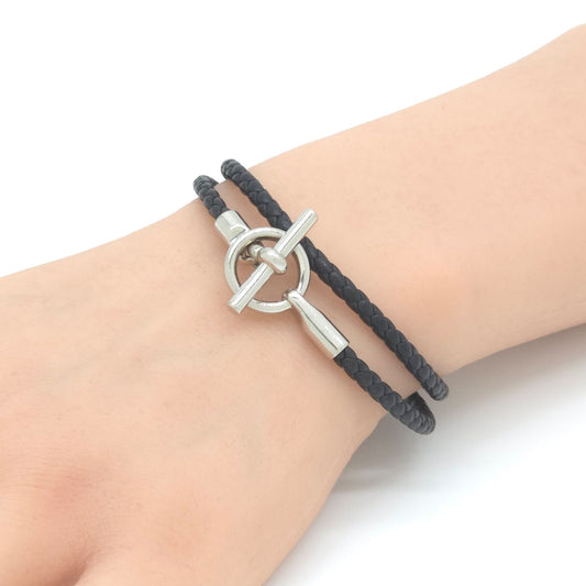 Hermes Leather Bracelet Glenan Double Tour Arm Area Braided Noir Black