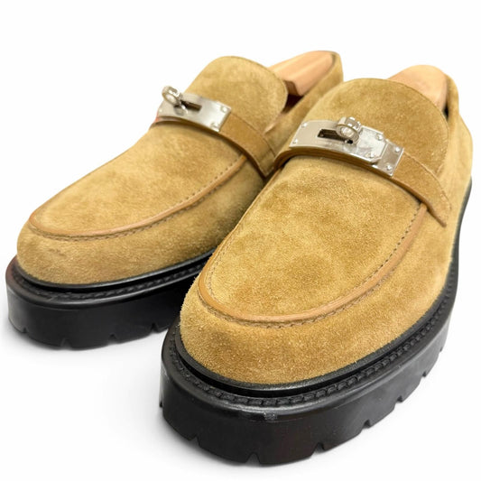 Hermes Icon Suede Leather Kelly Buckle Loafers Beige