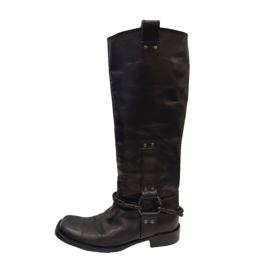 Bottega Veneta Long Boots Chunky Heel Square Toe Leather Black