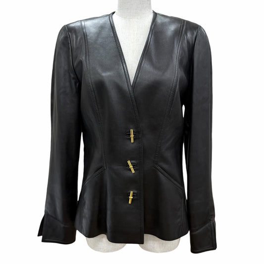 Hermes Vintage Lambskin Gold Glenan Collarless Leather Jacket Black 44