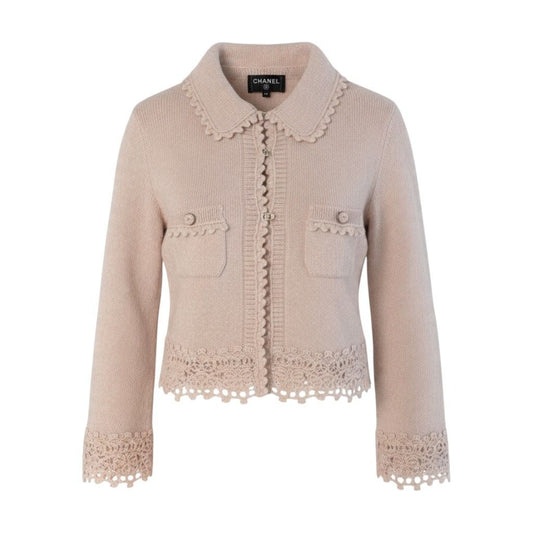 Chanel 25 Cashmere Jacket Cardigan Rhinestone CC Logo Pink 34