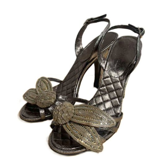 Chanel Sandals Backstrap Rhinestone High Heels Silver Colored