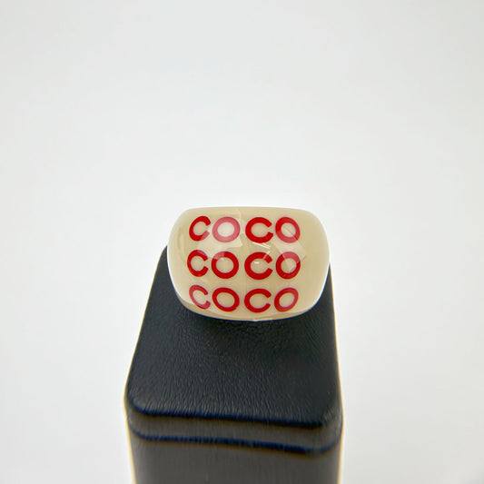 Chanel Coco Logo CC Bicolor Ring Plastic Ivory Red 01P Vintage