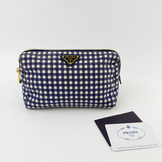 Prada Gingham Check Triangle Logo Pouch Canvas Navy White Gold Vintage