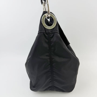 Prada Tessuto Triangle Logo Eyelet Shoulder Bag Nylon Leather Black Silver — view 6