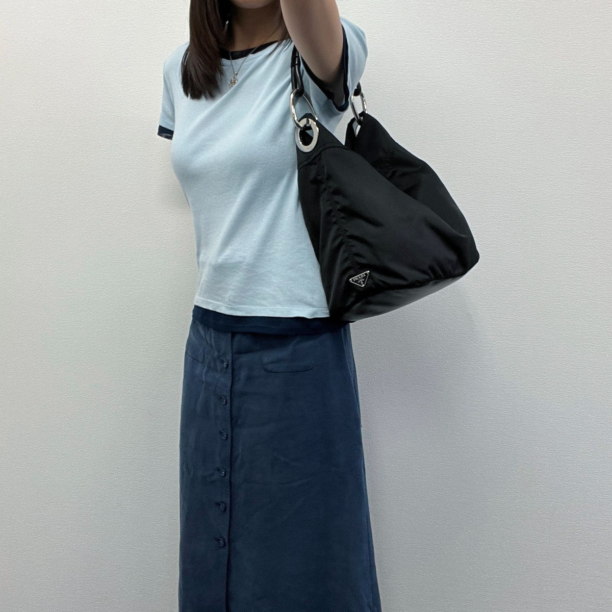 Prada Tessuto Triangle Logo Eyelet Shoulder Bag Nylon Leather Black Silver