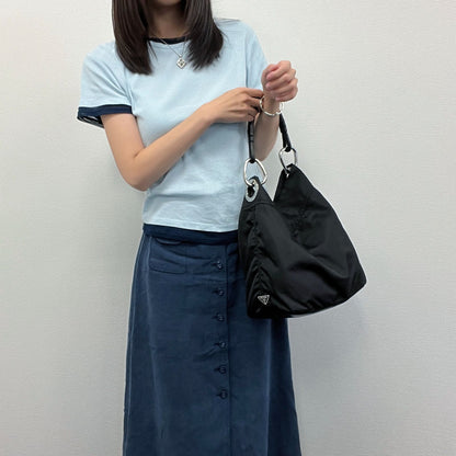 Prada Tessuto Triangle Logo Eyelet Shoulder Bag Nylon Leather Black Silver — view 2