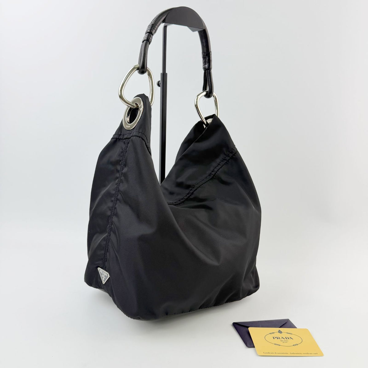 Prada Tessuto Triangle Logo Eyelet Shoulder Bag Nylon Leather Black Silver — view 3