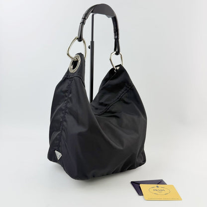 Prada Tessuto Triangle Logo Eyelet Shoulder Bag Nylon Leather Black Silver — view 3