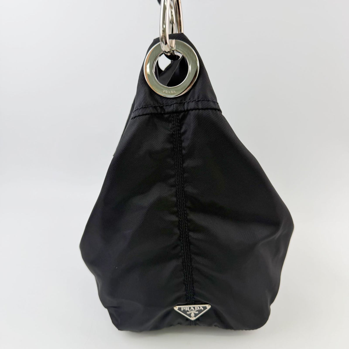 Prada Tessuto Triangle Logo Eyelet Shoulder Bag Nylon Leather Black Silver — view 7