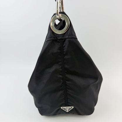 Prada Tessuto Triangle Logo Eyelet Shoulder Bag Nylon Leather Black Silver — view 7