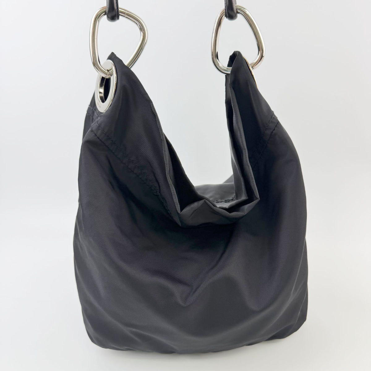 Prada Tessuto Triangle Logo Eyelet Shoulder Bag Nylon Leather Black Silver — view 5
