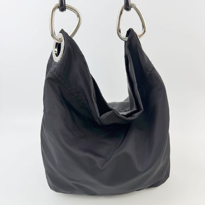 Prada Tessuto Triangle Logo Eyelet Shoulder Bag Nylon Leather Black Silver — view 5