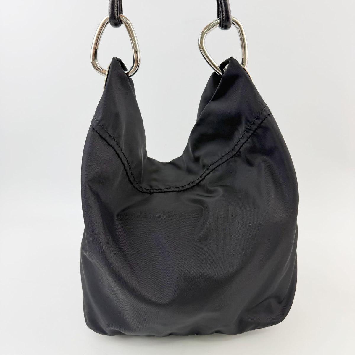 Prada Tessuto Triangle Logo Eyelet Shoulder Bag Nylon Leather Black Silver — view 4