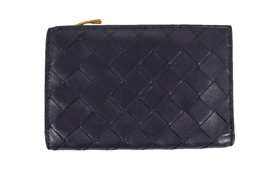 Bottega Veneta Intrecciato Medium Wallet Navy Bifold Coin Purse Gold Blue