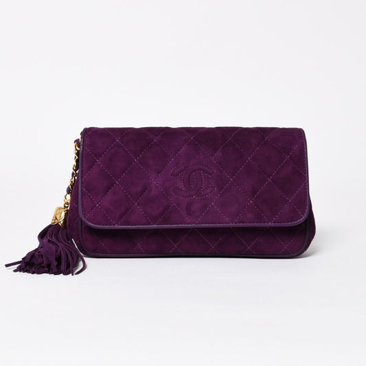 Chanel Quilted Clutch Fringe Suede Purple Gold