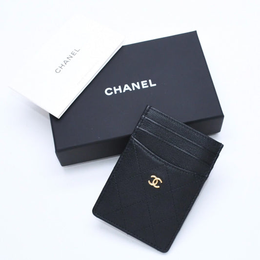 Chanel Classic Card Case Black CC Logo Grained Goatskin Gold