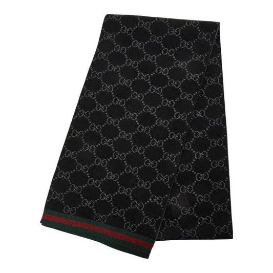 Gucci Sherry Line GG Logo Jacquard Scarf Black Gray Wool