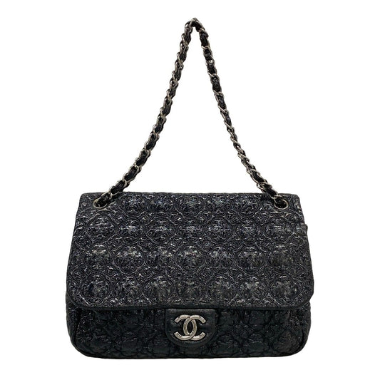 Chanel Shoulder Bag Black Chain Silver Embroidery Leather