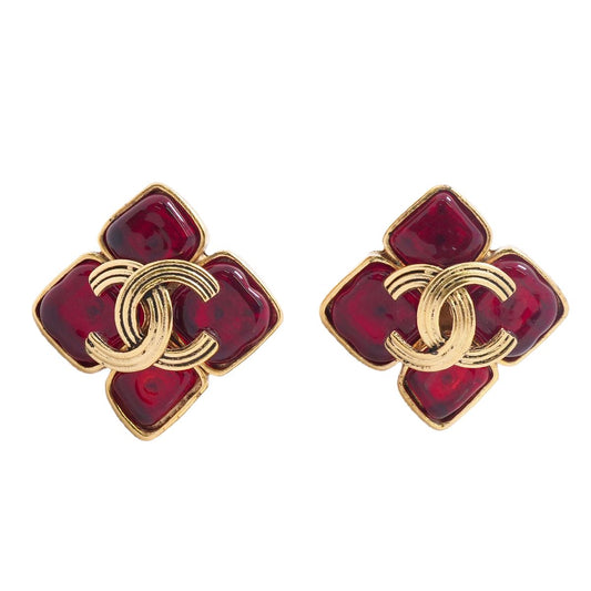 Chanel Earrings Vintage CC Logo Gold Plated Gripoix Red