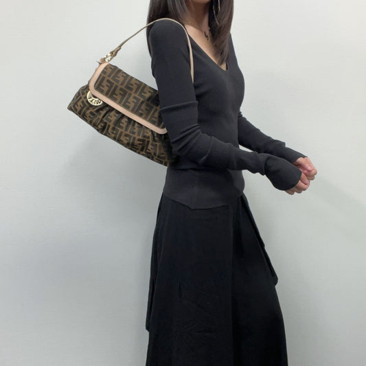 Fendi Zucca Shirred Flap Logo Charm Shoulder Bag Canvas Leather Brown Beige