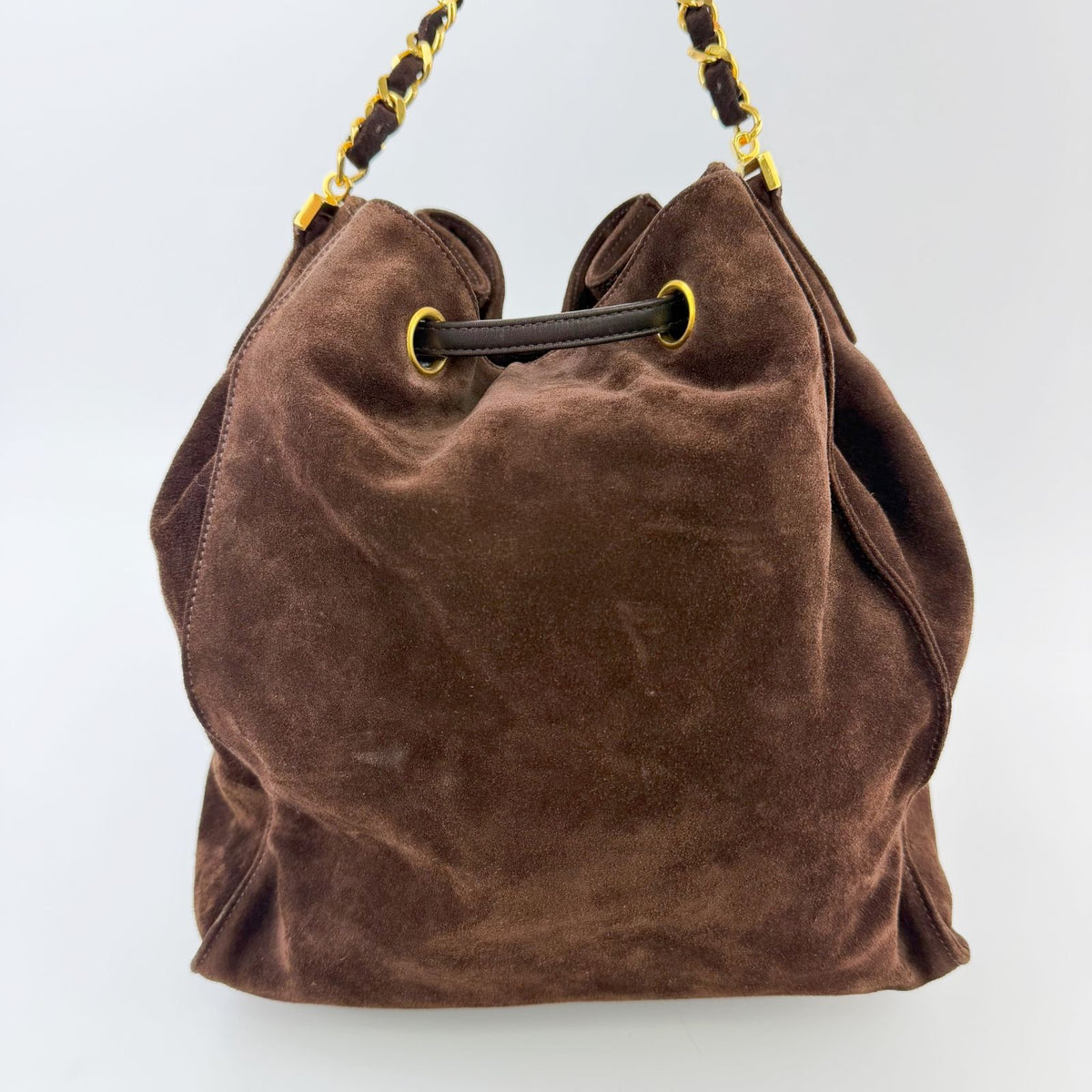 Chanel CC Logo Embossed Drawstring Bucket Chain Shoulder Bag Suede Leather — view 4