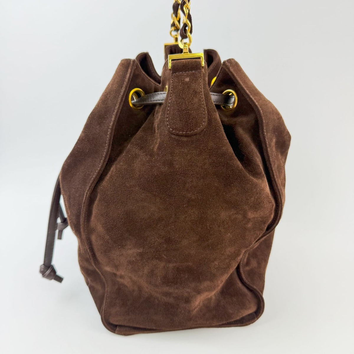 Chanel CC Logo Embossed Drawstring Bucket Chain Shoulder Bag Suede Leather — view 5
