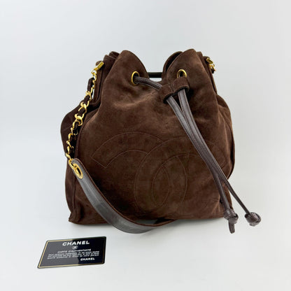 Chanel CC Logo Embossed Drawstring Bucket Chain Shoulder Bag Suede Leather — view 2