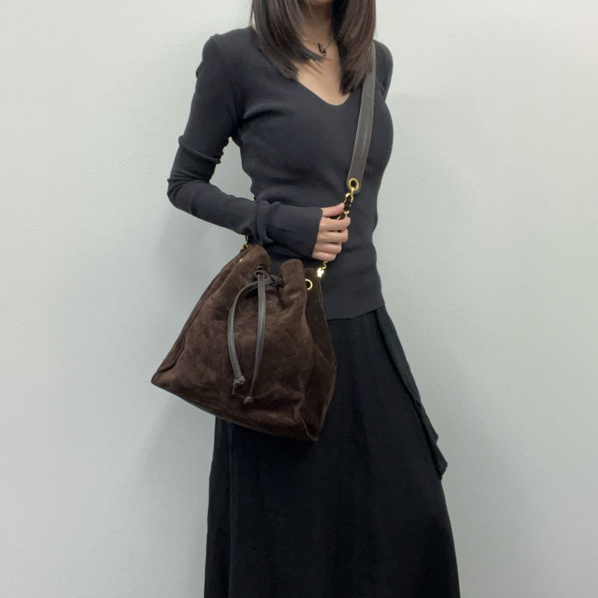 Chanel CC Logo Embossed Drawstring Bucket Chain Shoulder Bag Suede Leather