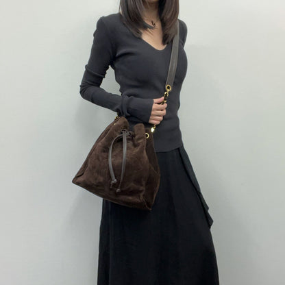 Chanel CC Logo Embossed Drawstring Bucket Chain Shoulder Bag Suede Leather