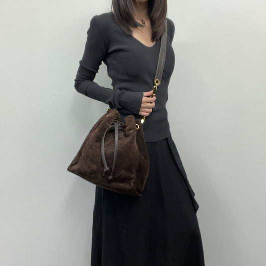 Chanel CC Logo Embossed Drawstring Bucket Chain Shoulder Bag Suede Leather